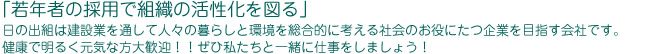「若年者の採用で組織の活性化を図る」日の出組は建設業を通して人々の暮らしと環境を総合的に考える社会のお役にたつ企業を目指す会社です。
健康で明るく元気な方大歓迎!!ぜひ私たちと一緒に仕事をしましょう!